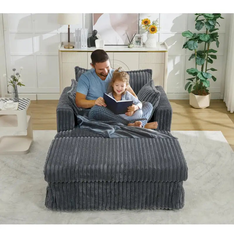 Chaise longue en velours côtelé surdimensionnée avec pouf et 2 oreillers – 121,4 cm