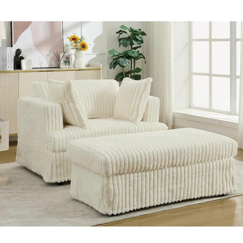 Chaise longue en velours côtelé surdimensionnée avec pouf et 2 oreillers – 121,4 cm