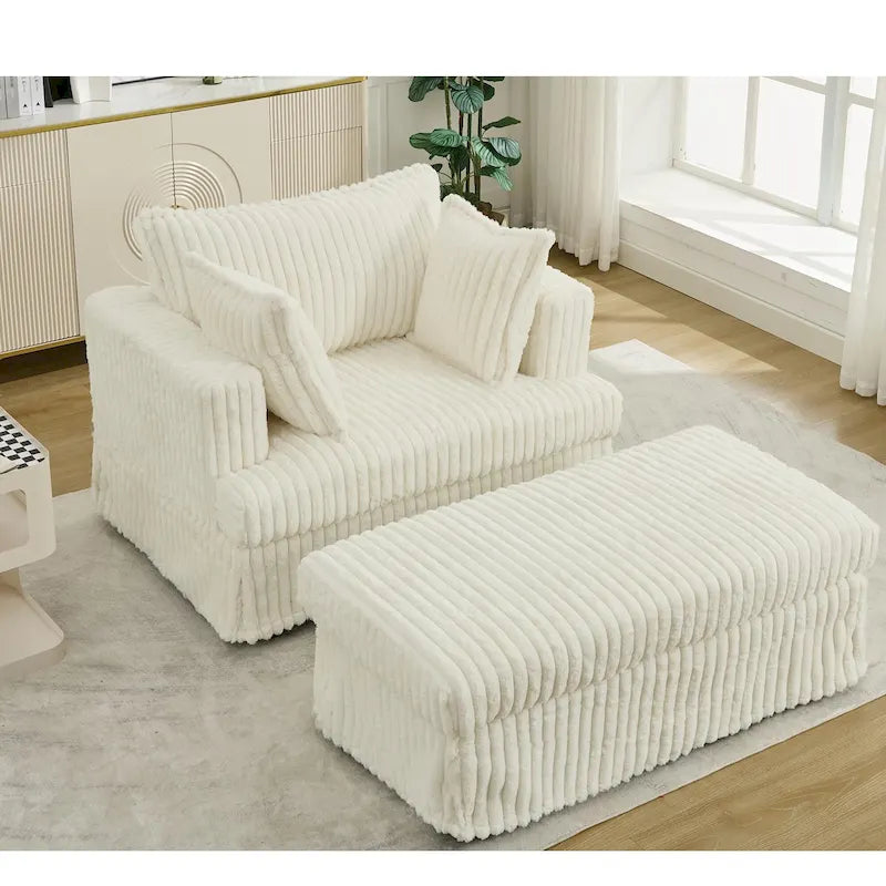Chaise longue en velours côtelé surdimensionnée avec pouf et 2 oreillers – 121,4 cm