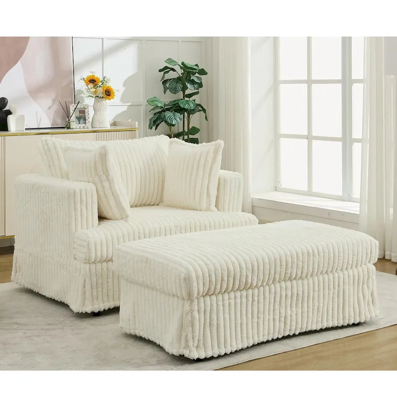 Chaise longue en velours côtelé surdimensionnée avec pouf et 2 oreillers – 121,4 cm