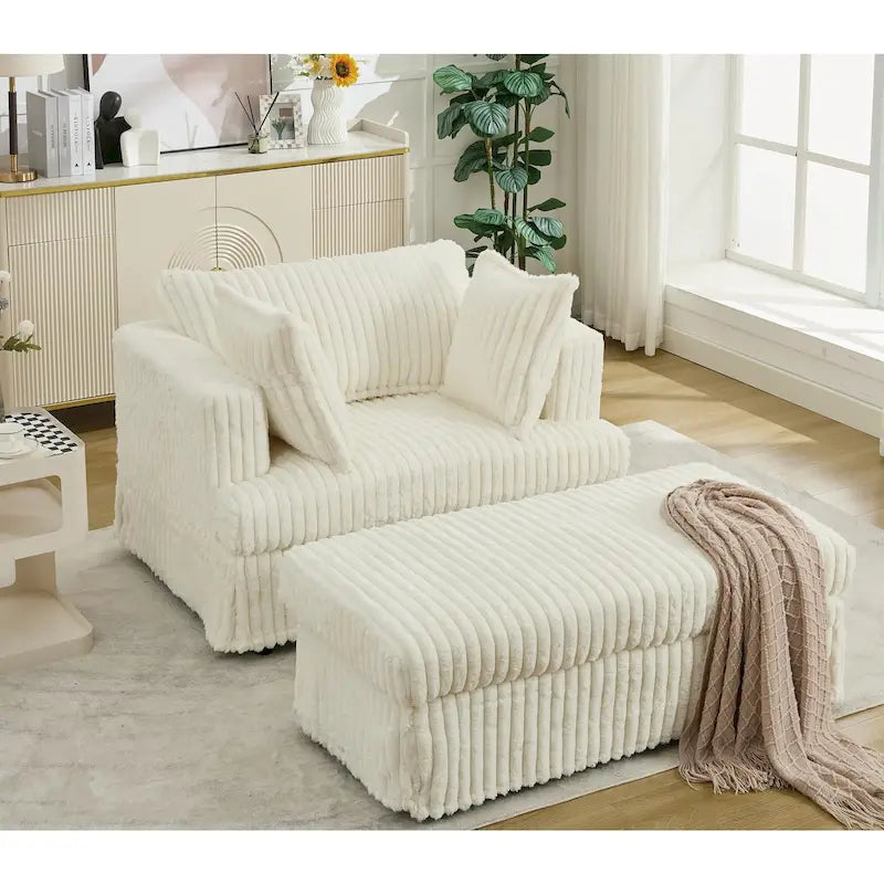 Chaise longue en velours côtelé surdimensionnée avec pouf et 2 oreillers – 121,4 cm