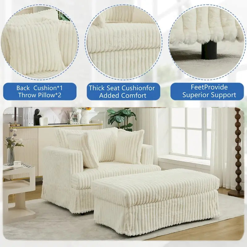 Chaise longue en velours côtelé surdimensionnée avec pouf et 2 oreillers – 121,4 cm