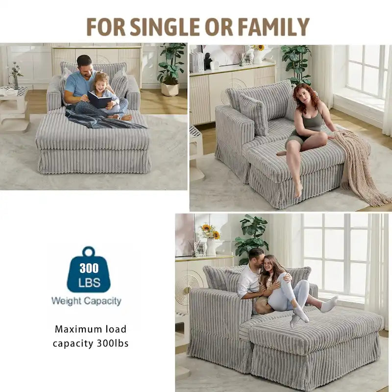 Chaise longue en velours côtelé surdimensionnée avec pouf et 2 oreillers – 121,4 cm
