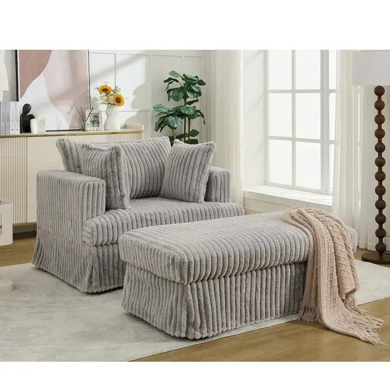 Chaise longue en velours côtelé surdimensionnée avec pouf et 2 oreillers – 121,4 cm