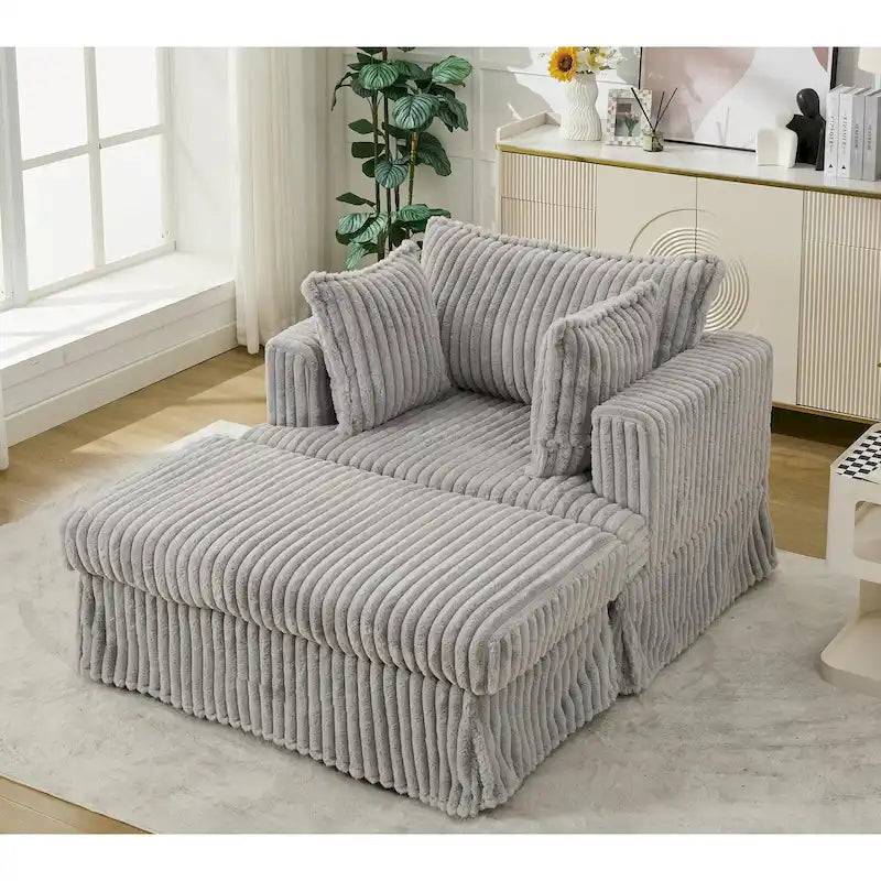 Chaise longue en velours côtelé surdimensionnée avec pouf et 2 oreillers – 121,4 cm