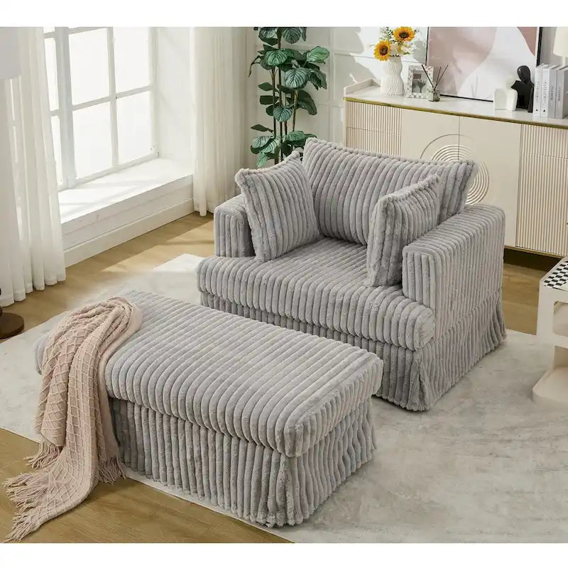 Chaise longue en velours côtelé surdimensionnée avec pouf et 2 oreillers – 121,4 cm