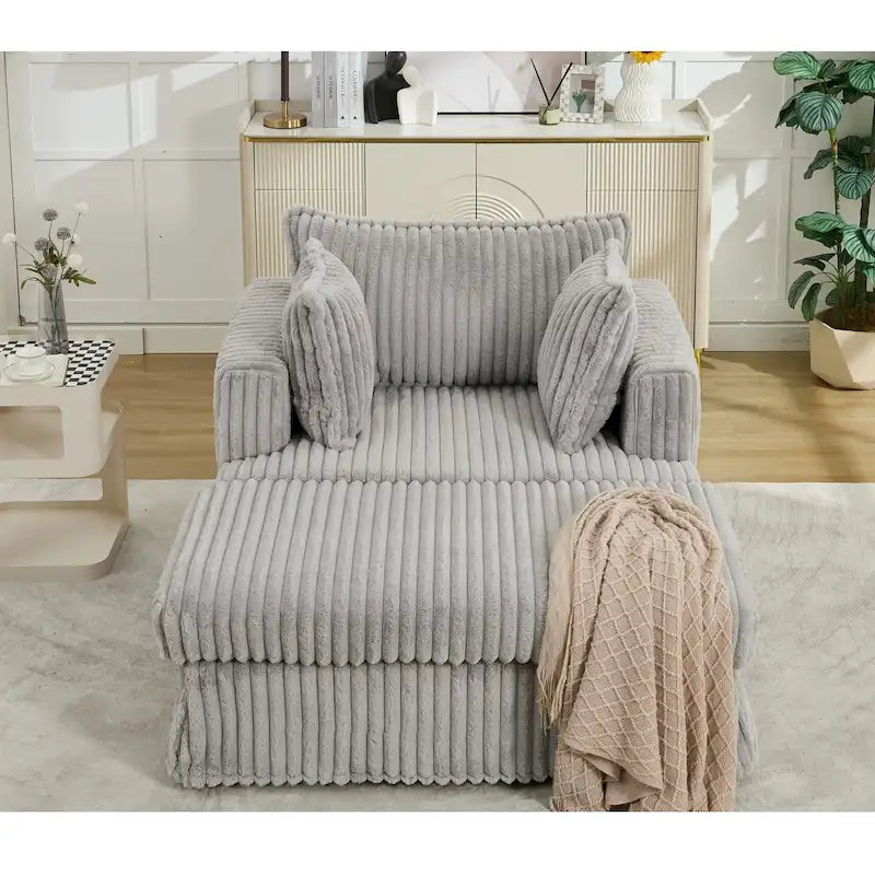 Chaise longue en velours côtelé surdimensionnée avec pouf et 2 oreillers – 121,4 cm
