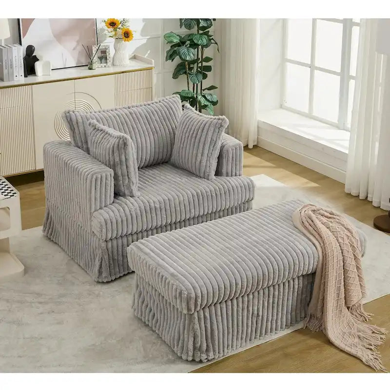 Chaise longue en velours côtelé surdimensionnée avec pouf et 2 oreillers – 121,4 cm