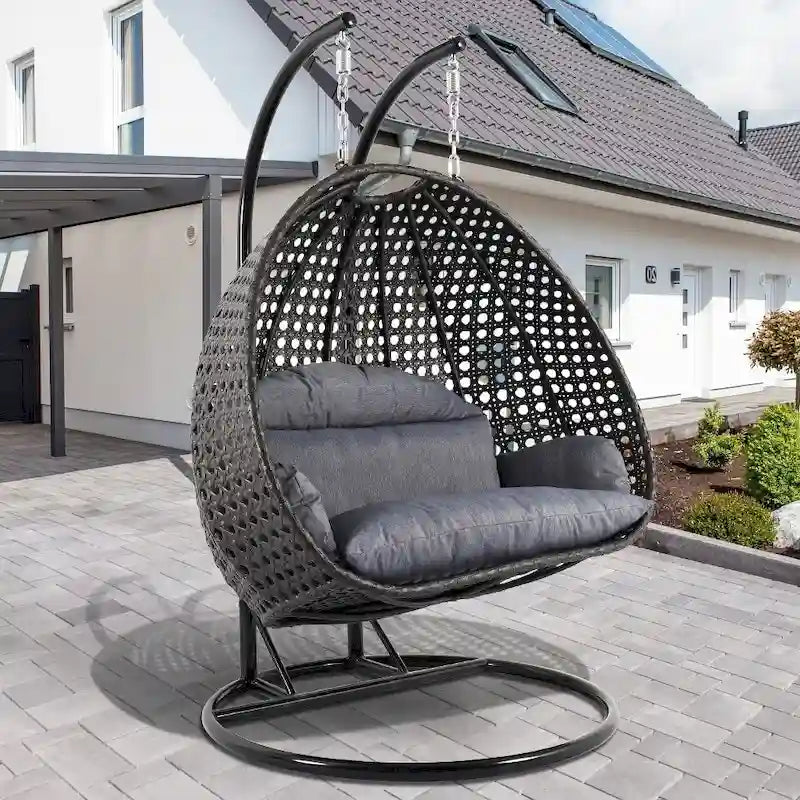 Fauteuil suspendu double en forme d'œuf avec support – Balancelle de jardin/intérieur en rotin avec coussins