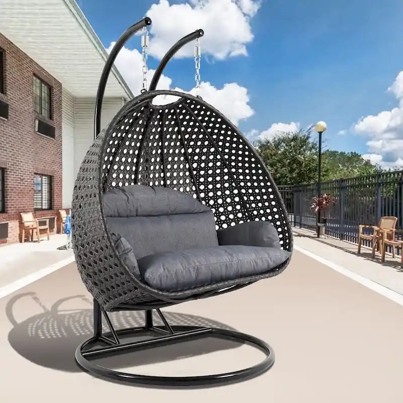 Fauteuil suspendu double en forme d'œuf avec support – Balancelle de jardin/intérieur en rotin avec coussins