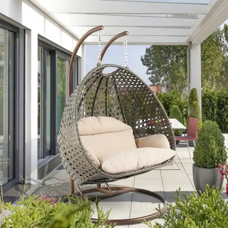 Fauteuil suspendu double en forme d'œuf avec support – Balancelle de jardin/intérieur en rotin avec coussins