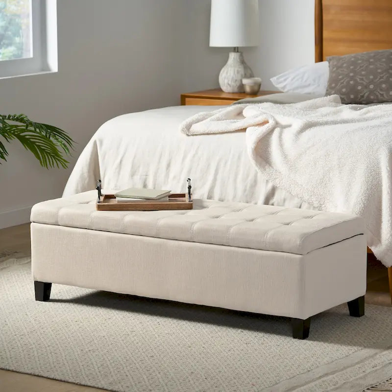 Banc de rangement en lin tufté Mission avec couvercle relevable – 128,27 cm de large