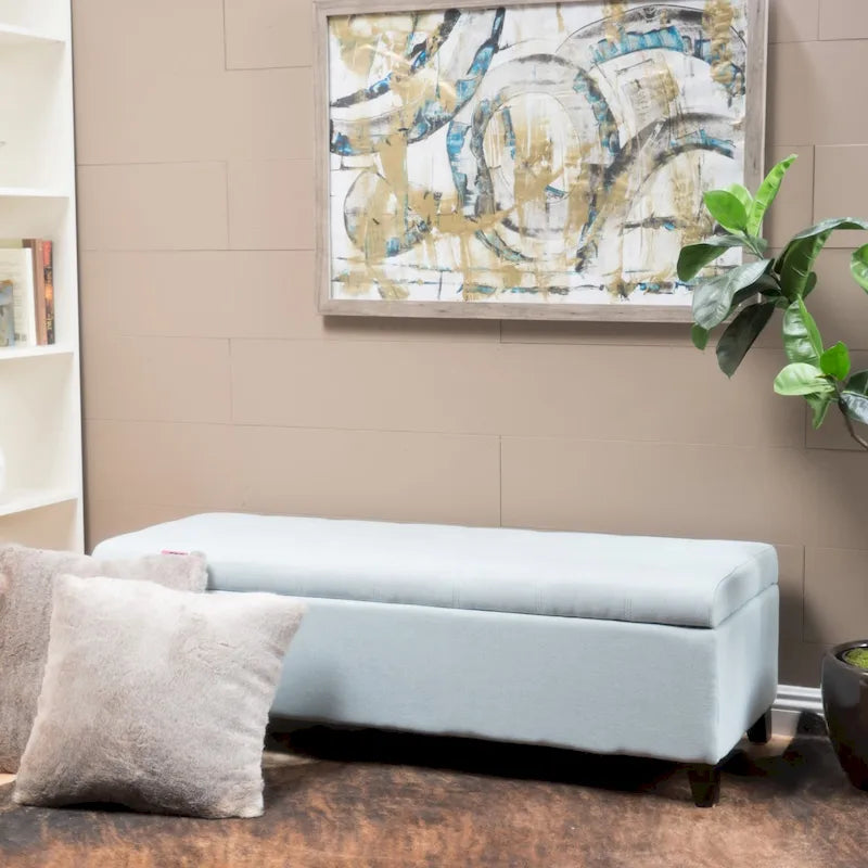 Banc de rangement en lin tufté Mission avec couvercle relevable – 128,27 cm de large