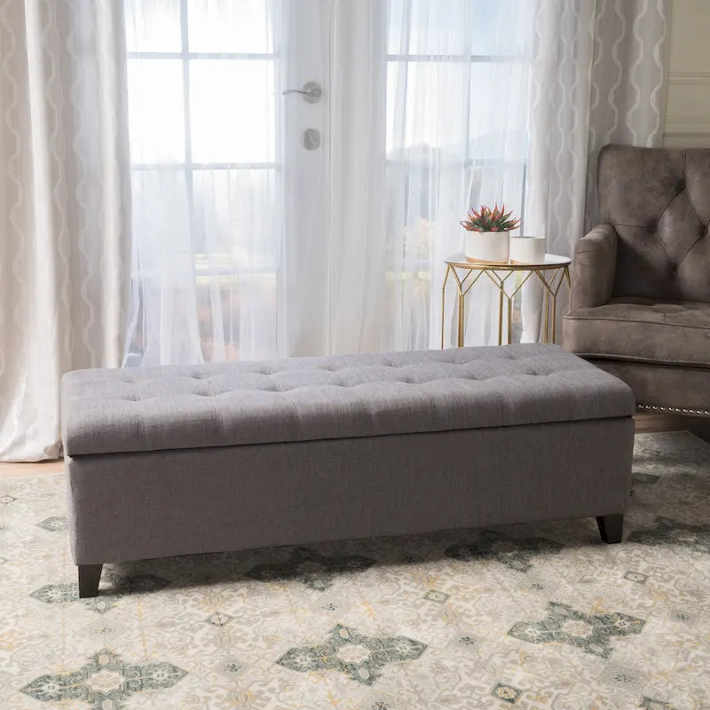 Banc de rangement en lin tufté Mission avec couvercle relevable – 128,27 cm de large