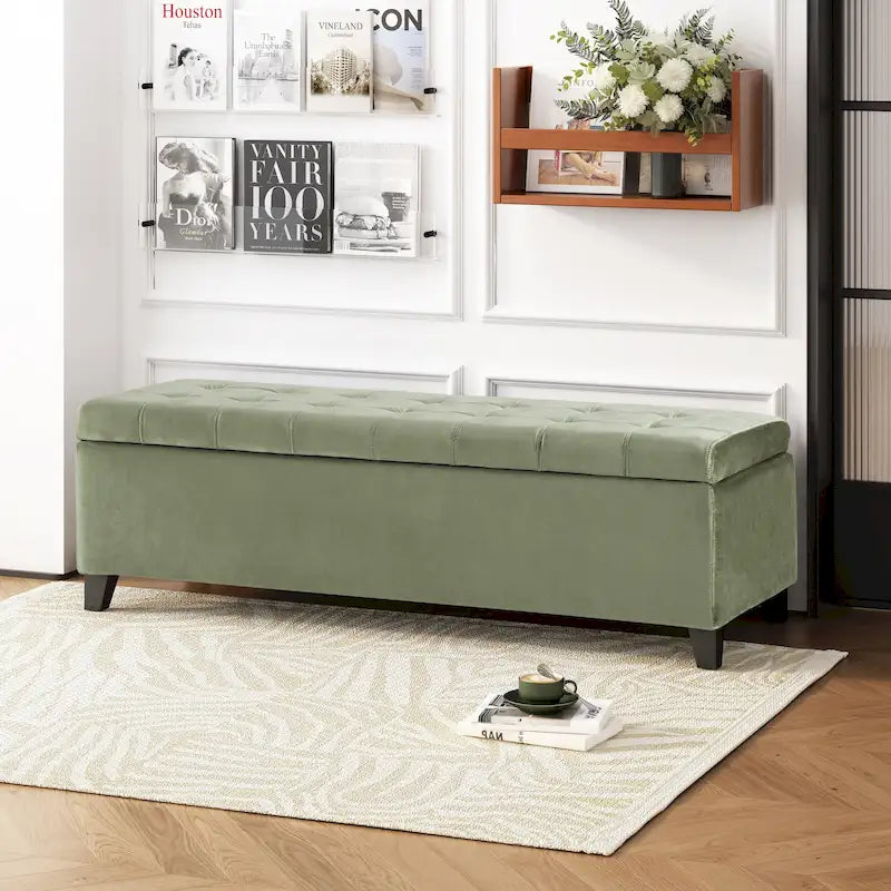 Banc de rangement en lin tufté Mission avec couvercle relevable – 128,27 cm de large