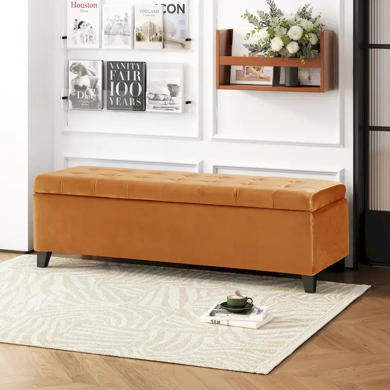 Banc de rangement en lin tufté Mission avec couvercle relevable – 128,27 cm de large