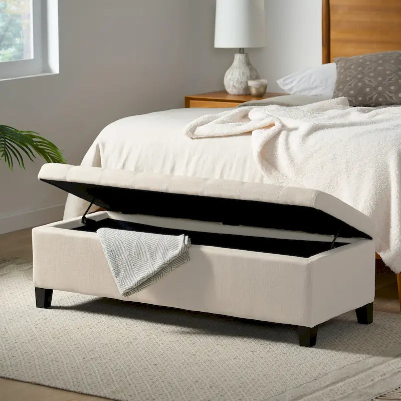 Banc de rangement en lin tufté Mission avec couvercle relevable – 128,27 cm de large