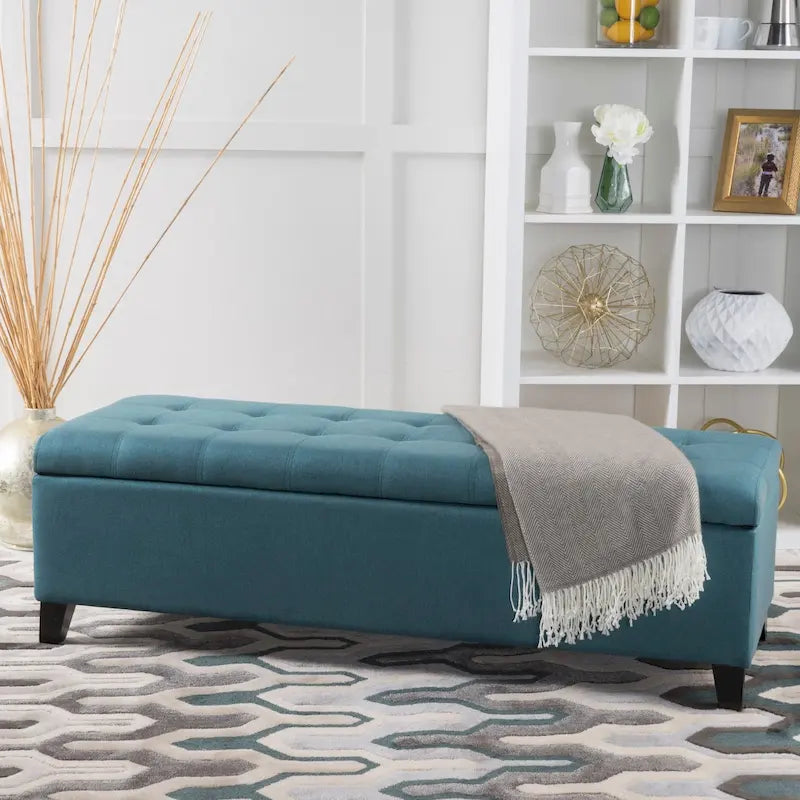 Banc de rangement en lin tufté Mission avec couvercle relevable – 128,27 cm de large