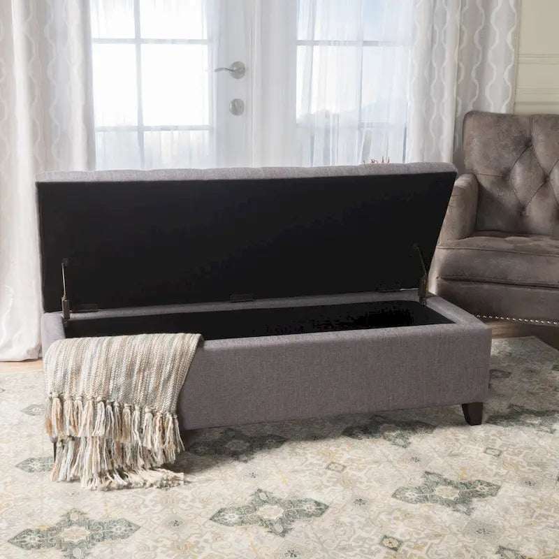 Banc de rangement en lin tufté Mission avec couvercle relevable – 128,27 cm de large