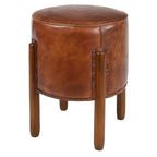 Teak Wood Handmade Upholstered Leather Stool with Wood Legs - Brown - Roche River Decor