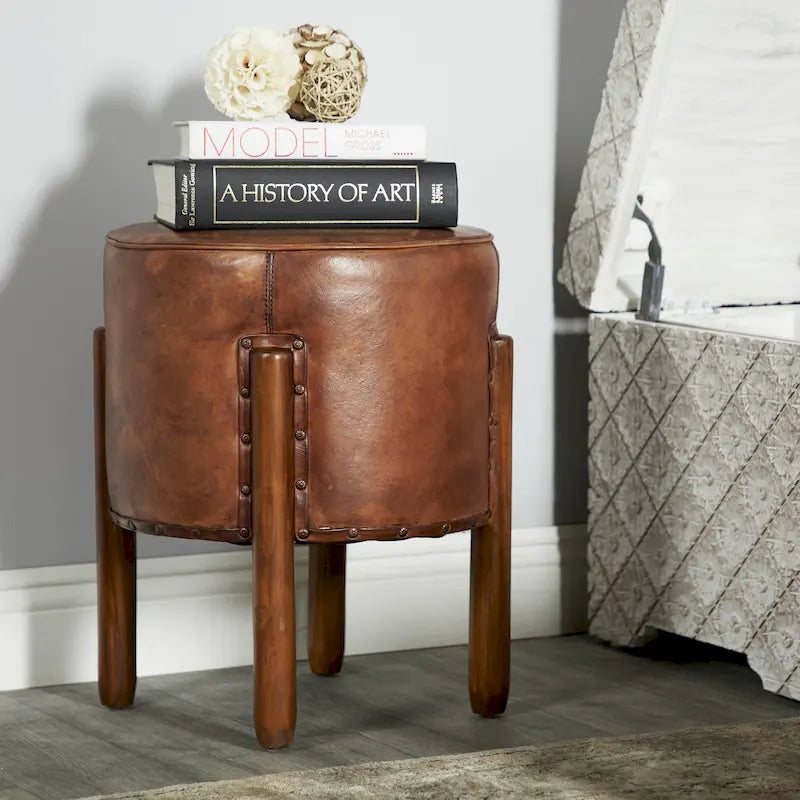 Tabouret en cuir rembourré, bois de teck fait main avec pieds en bois – Marron