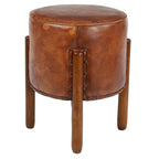 Tabouret en cuir rembourré, bois de teck fait main avec pieds en bois – Marron