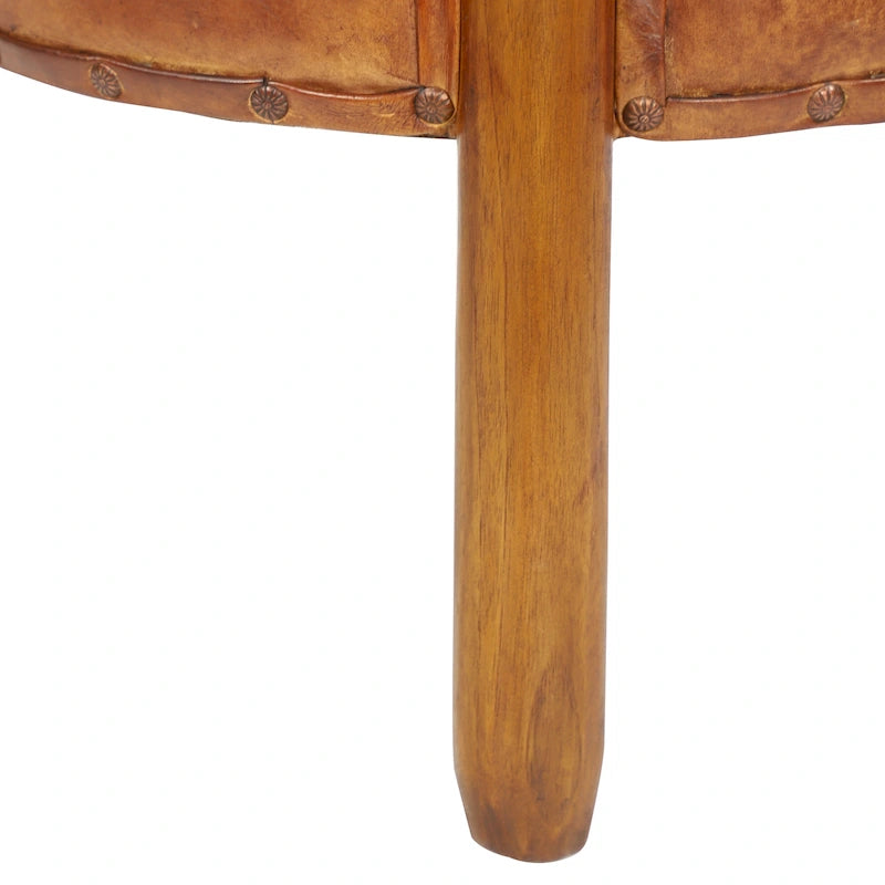 Tabouret en cuir rembourré, bois de teck fait main avec pieds en bois – Marron