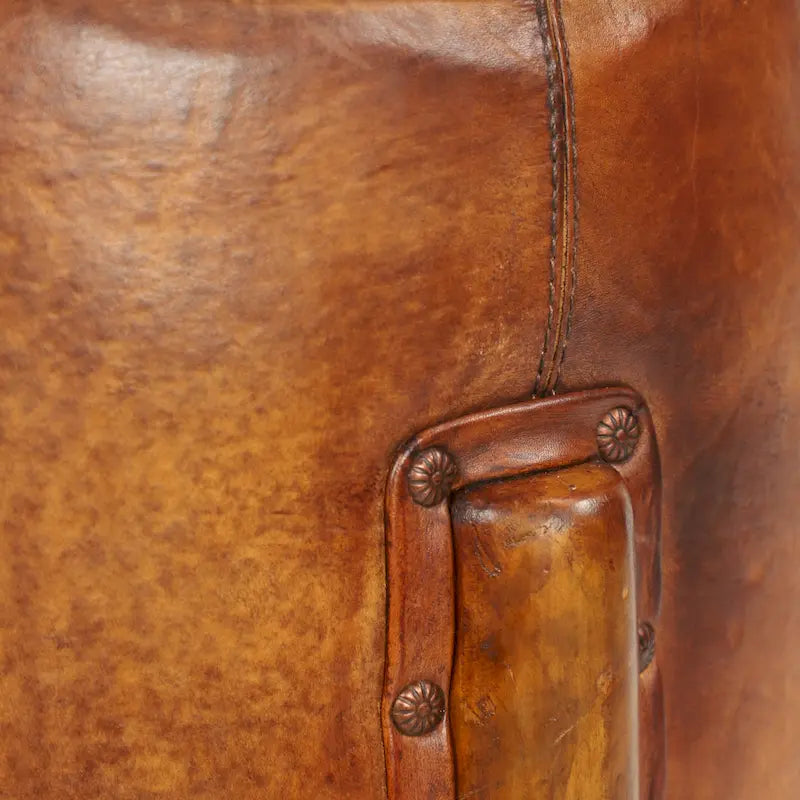 Tabouret en cuir rembourré, bois de teck fait main avec pieds en bois – Marron
