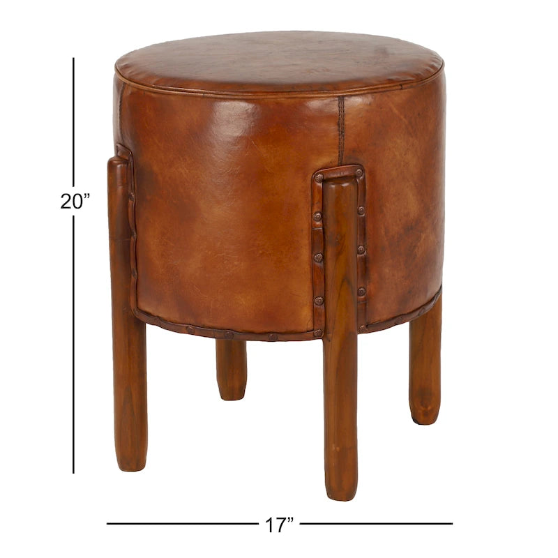 Tabouret en cuir rembourré, bois de teck fait main avec pieds en bois – Marron