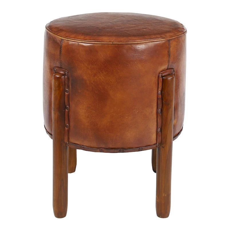 Tabouret en cuir rembourré, bois de teck fait main avec pieds en bois – Marron
