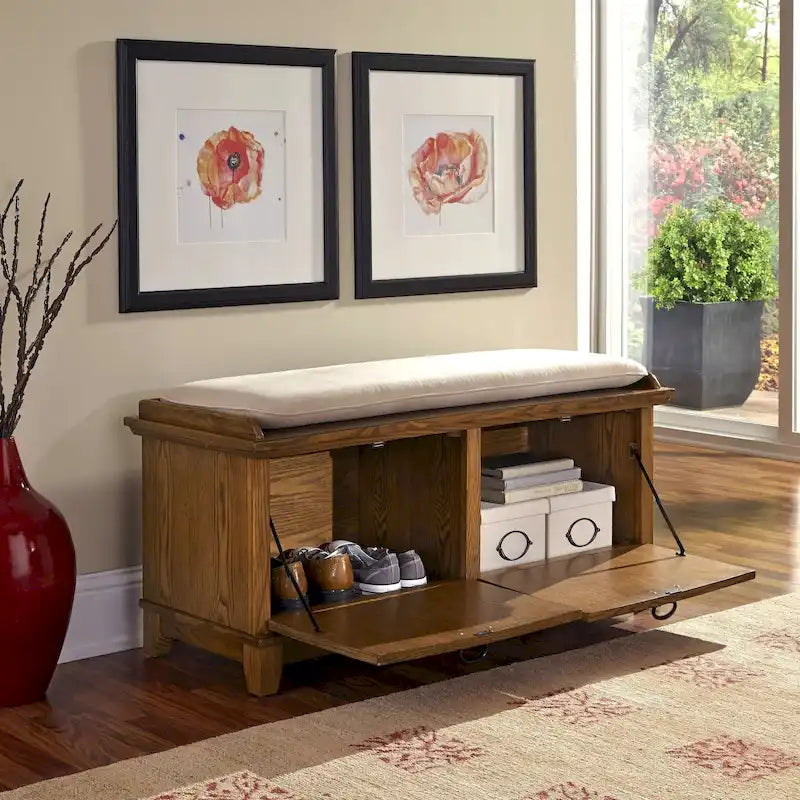 Banc de rangement capitonné de style Mission avec deux portes abattantes – 120 cm
