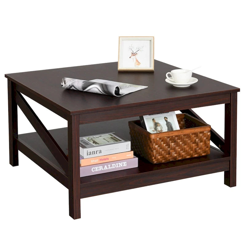 Table basse carrée à 2 niveaux avec étagère – Table basse de salon