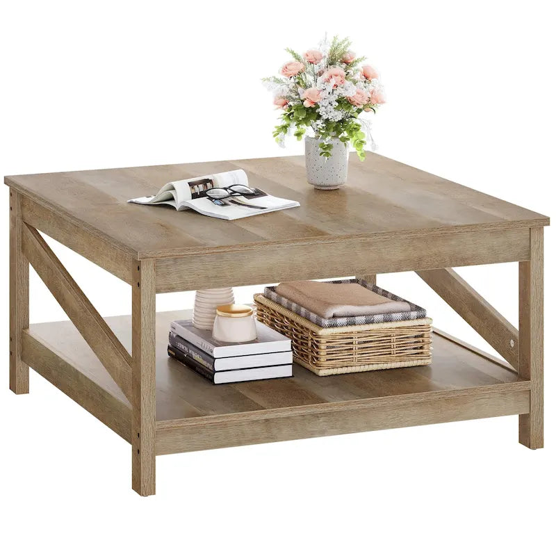 Table basse carrée à 2 niveaux avec étagère – Table basse de salon