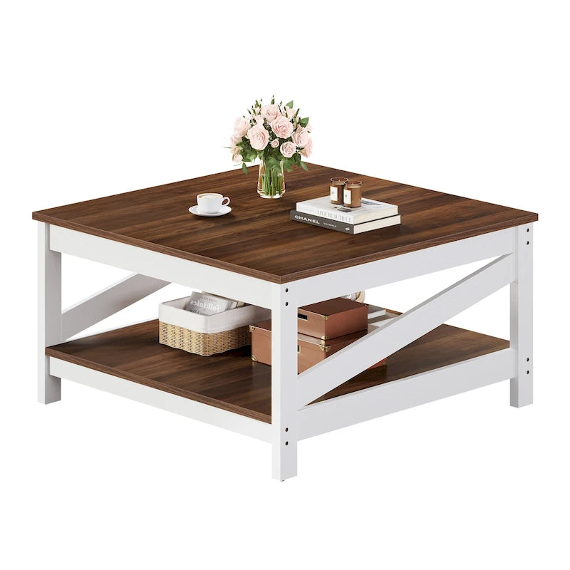 Table basse carrée à 2 niveaux avec étagère – Table basse de salon