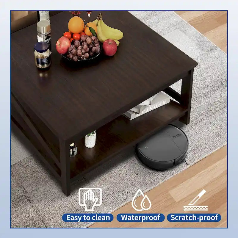 Table basse carrée à 2 niveaux avec étagère – Table basse de salon