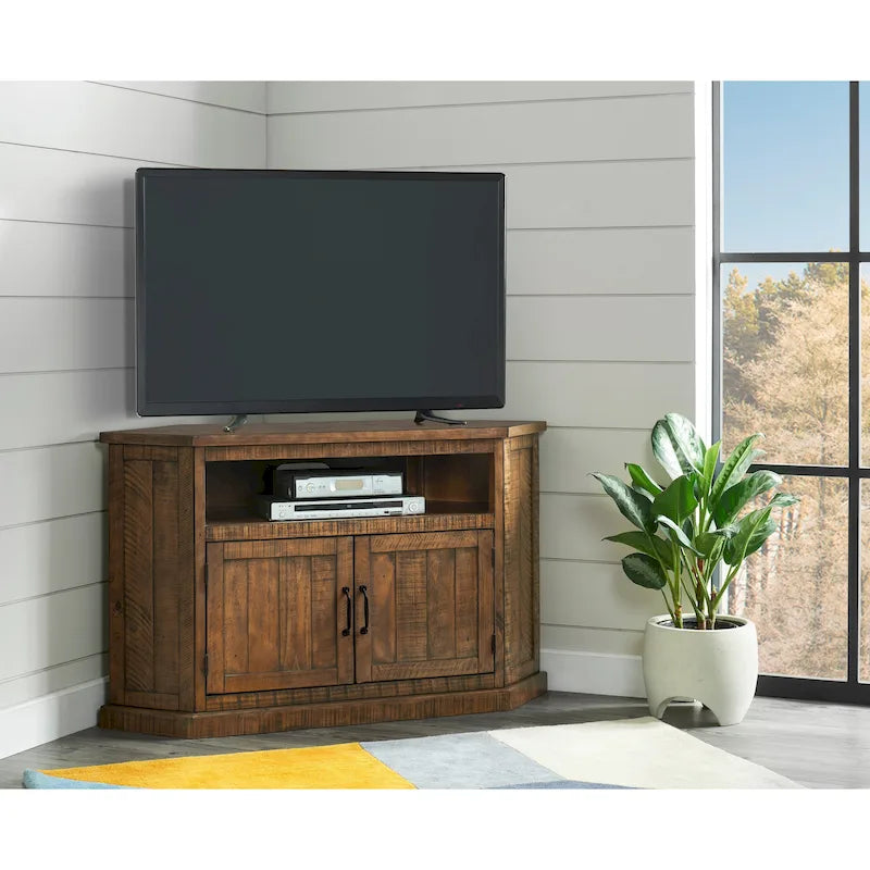 Meuble TV d'angle rustique en bois massif de 50 pouces avec rangement intégré