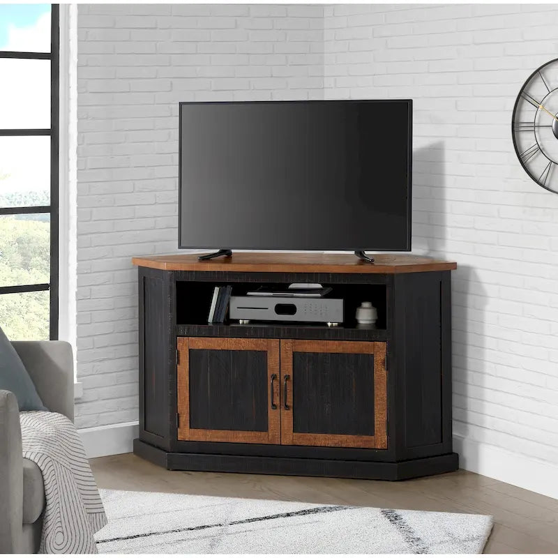 Meuble TV d'angle rustique en bois massif de 50 pouces avec rangement intégré