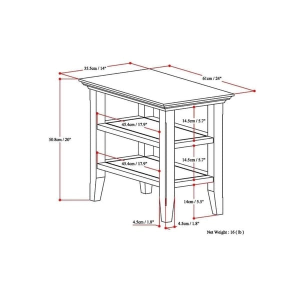 Table d'appoint étroite en bois massif de 14 pouces de large avec 2 étagères ouvertes