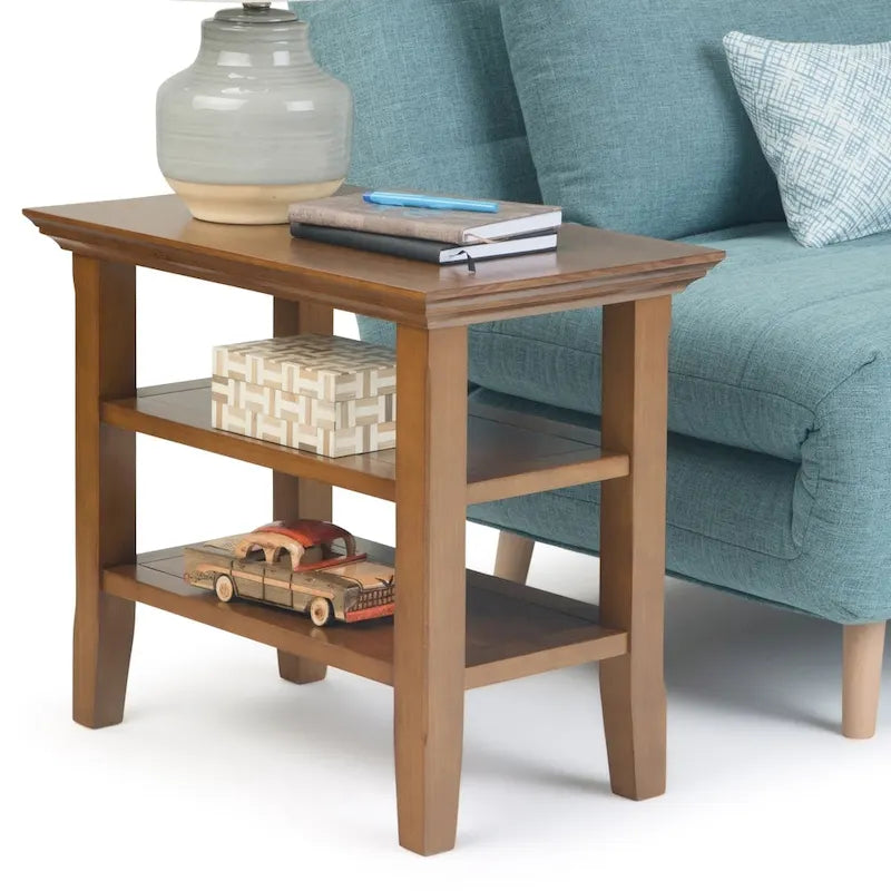 Table d'appoint étroite en bois massif de 14 pouces de large avec 2 étagères ouvertes