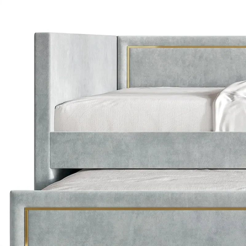 Lit de repos double en velours avec lit gigogne – Détail PU doré, sommier à lattes intégré