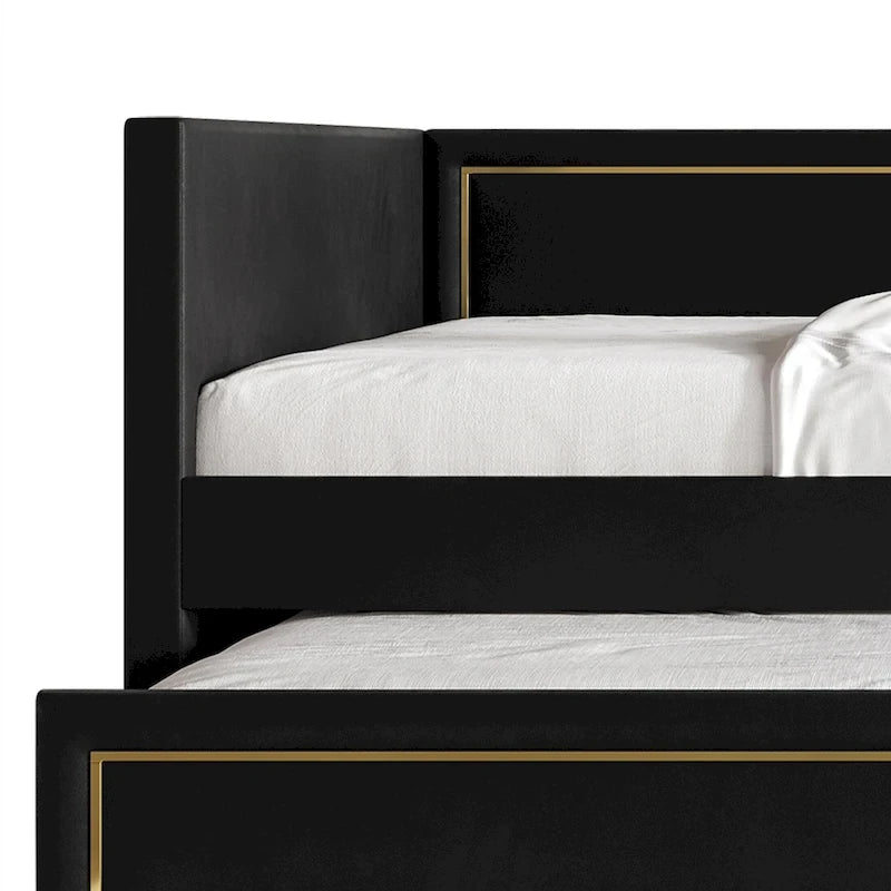 Lit de repos double en velours avec lit gigogne – Détail PU doré, sommier à lattes intégré