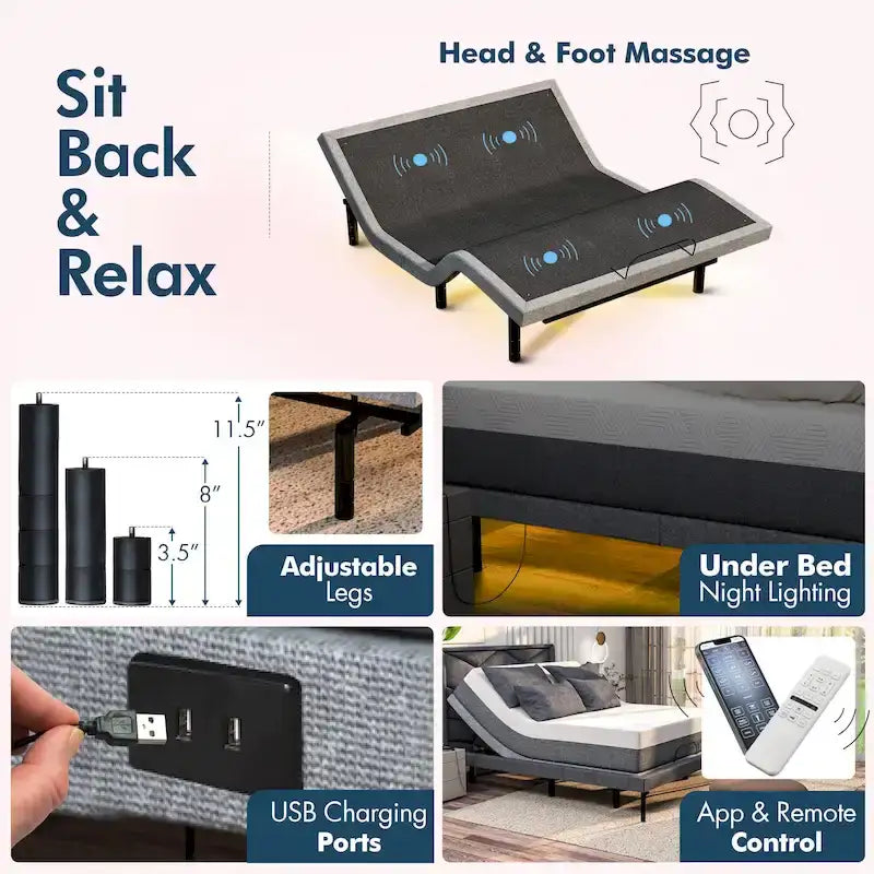 Sommier articulé avec double massage, ports USB, position zéro gravité et contrôle par application
