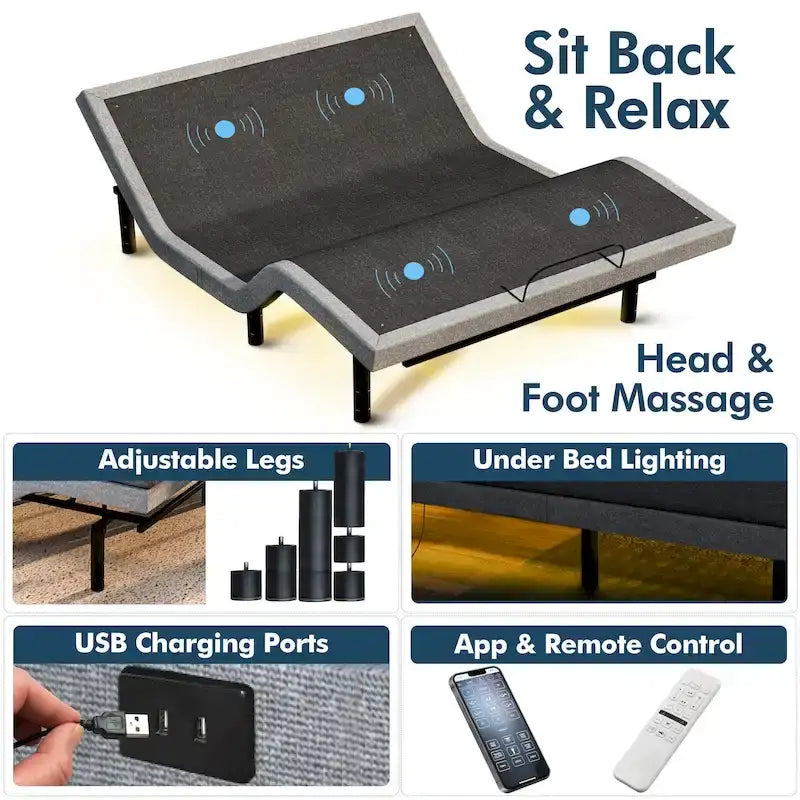Base de lit réglable avec matelas hybride de 30,5 cm, double massage, ports USB et contrôle par application
