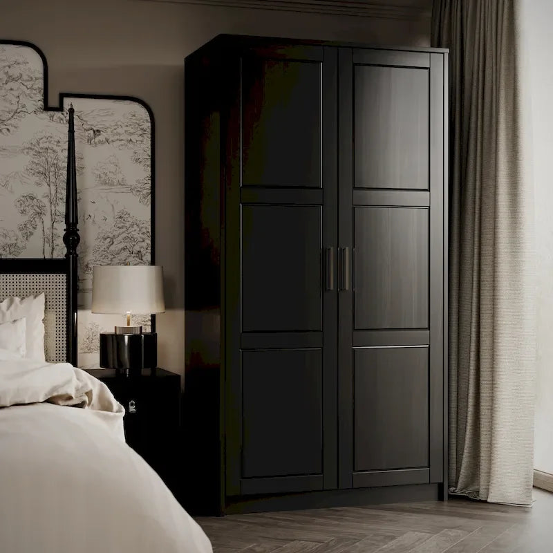 Armoire penderie 2 portes 100% bois massif avec portes en bois et portes miroirs