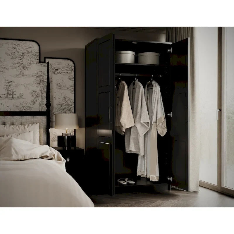Armoire penderie 2 portes 100% bois massif avec portes en bois et portes miroirs