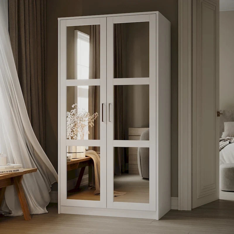 Armoire penderie 2 portes 100% bois massif avec portes en bois et portes miroirs