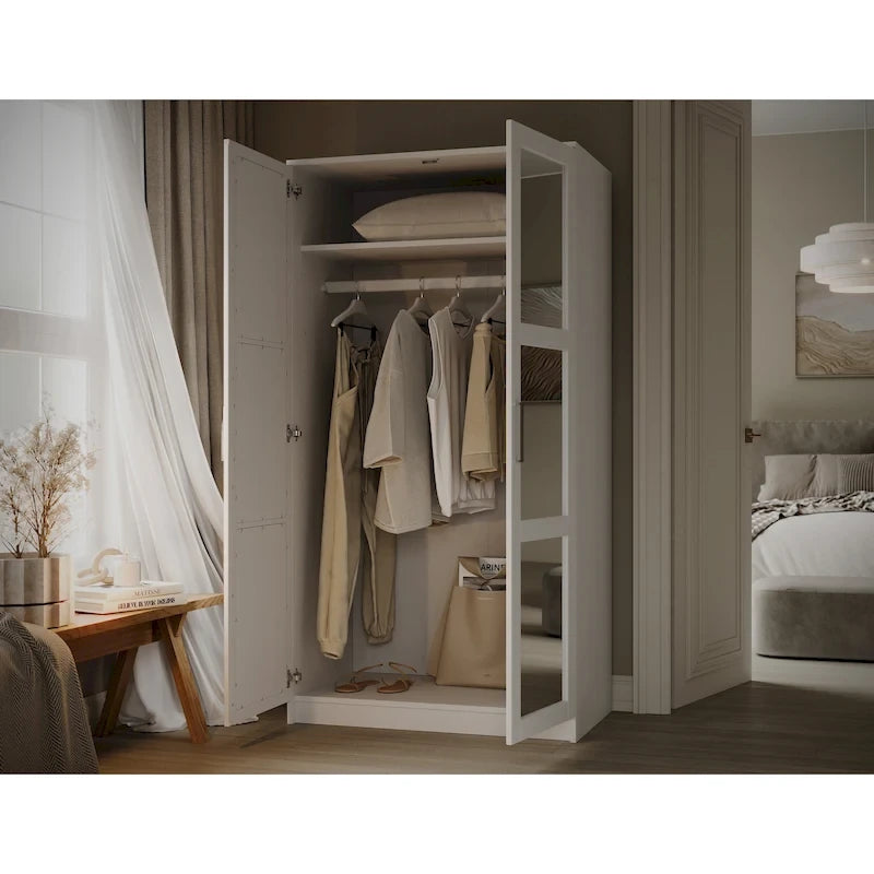 Armoire penderie 2 portes 100% bois massif avec portes en bois et portes miroirs