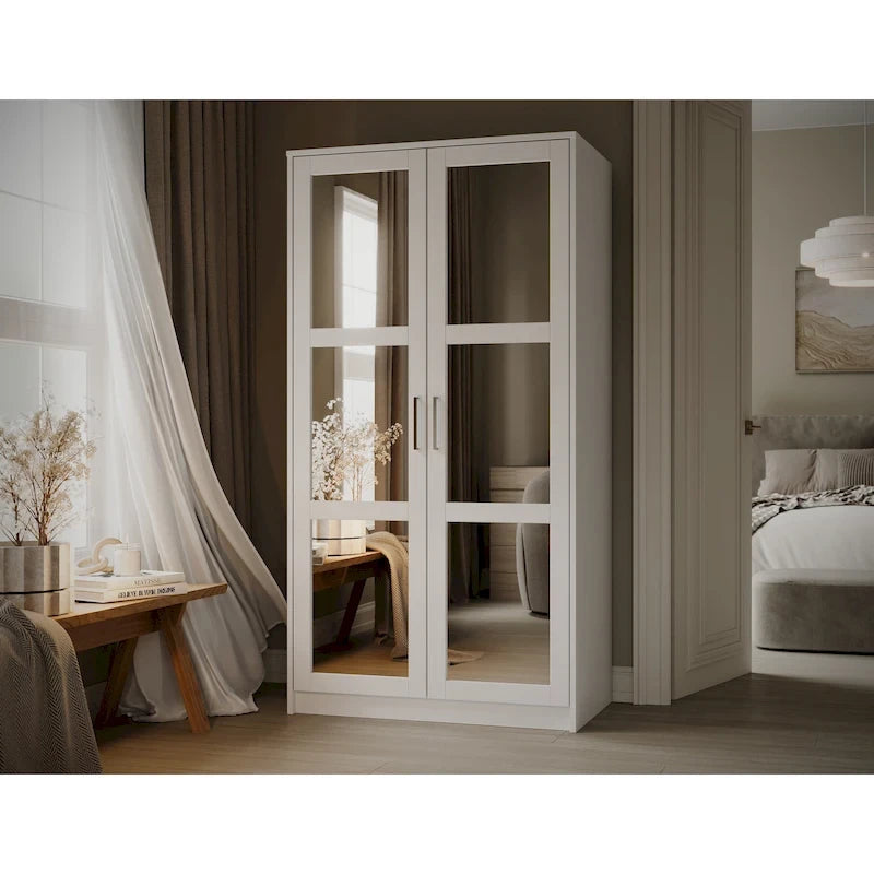 Armoire penderie 2 portes 100% bois massif avec portes en bois et portes miroirs
