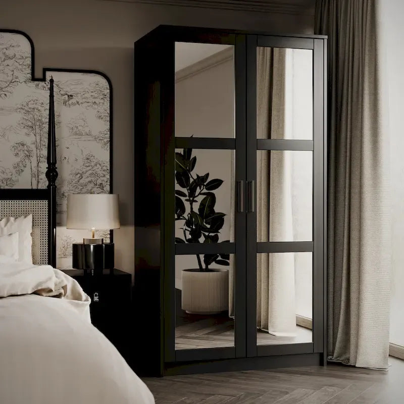 Armoire penderie 2 portes 100% bois massif avec portes en bois et portes miroirs