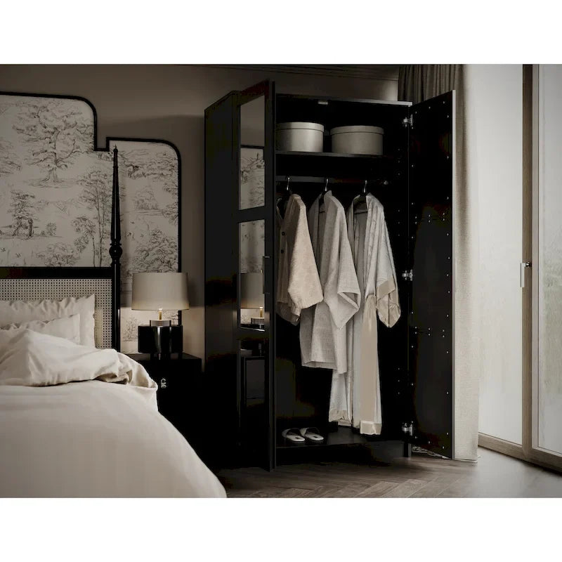 Armoire penderie 2 portes 100% bois massif avec portes en bois et portes miroirs